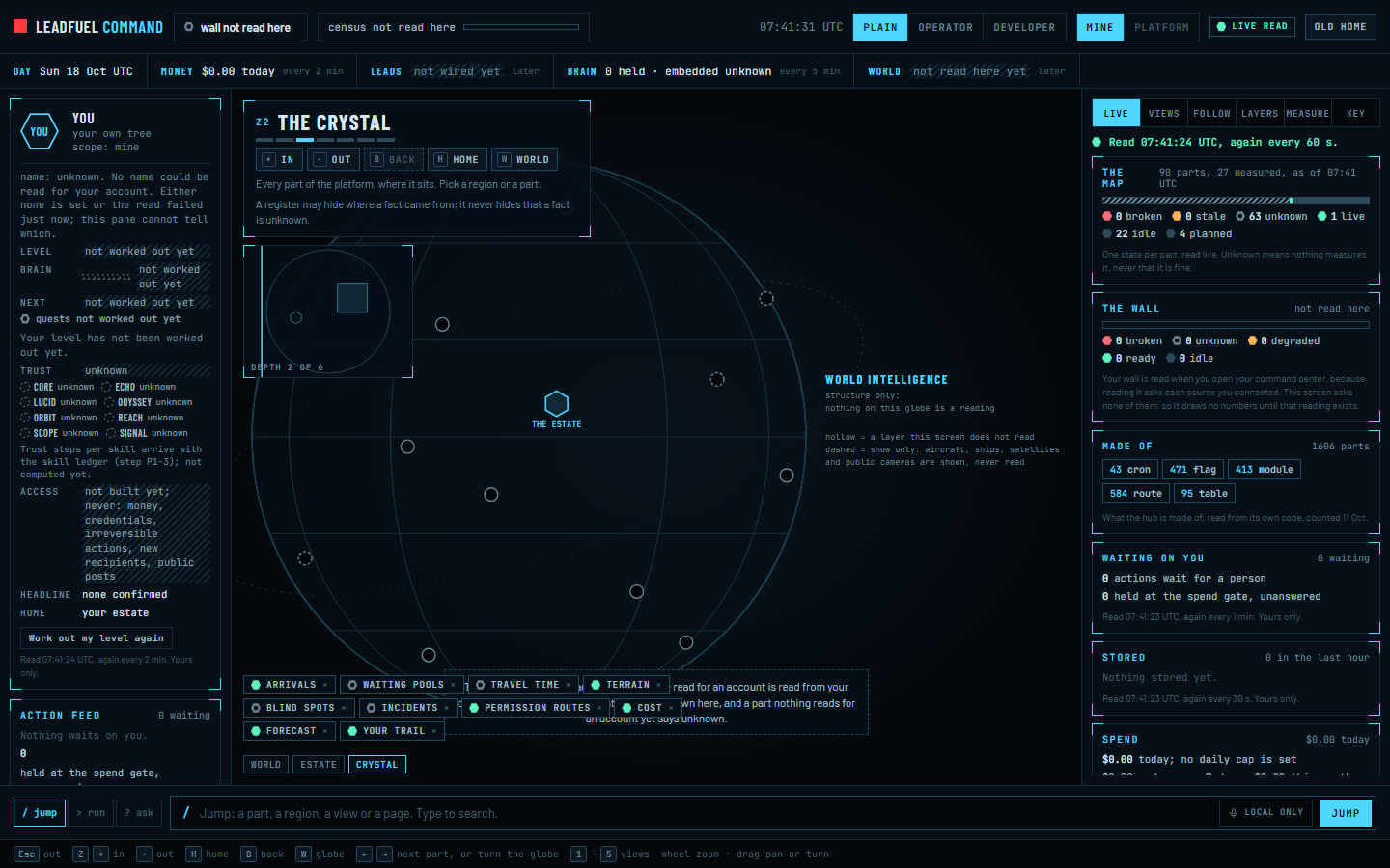 NovahOS Command: the crystal, the character rail, the live rail and the console